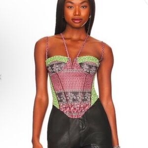 Miaou Pink Green Patterned Bustier Tank Top